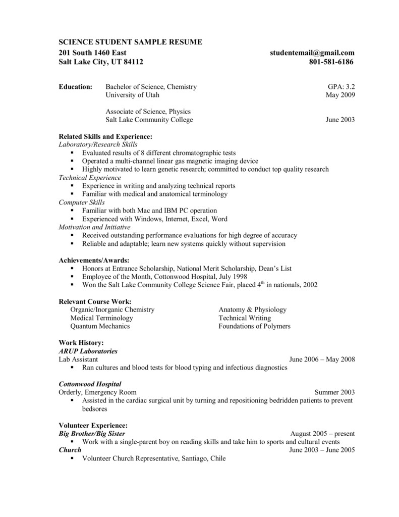 Sample Resume for Arts and Science Students Science Student Sample Resume 201