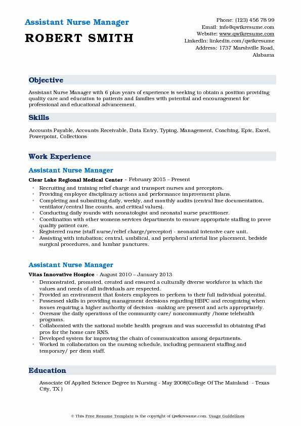 Sample Resume for assistant Nurse Manager assistant Nurse Manager Resume Samples