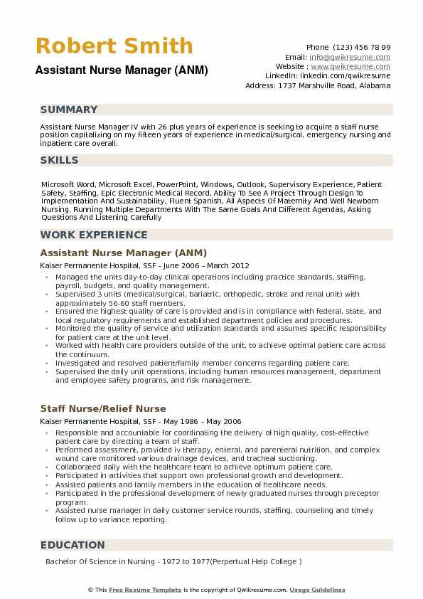 Sample Resume for assistant Nurse Manager assistant Nurse Manager Resume Samples