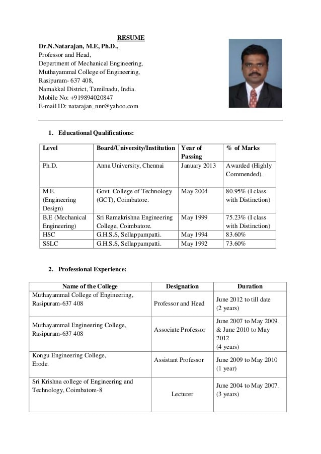 Sample Resume for assistant Professor In Civil Engineering Resume Dr N Natarajan 14 03 2014