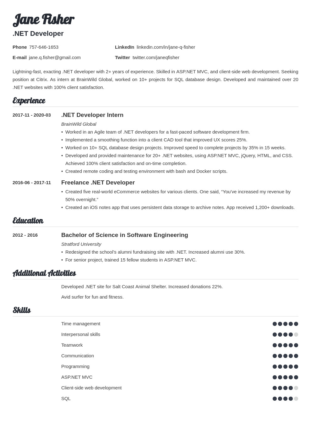 Sample Resume for Experienced Net Developer Net Developer Resume Samples [experienced & Entry Level]