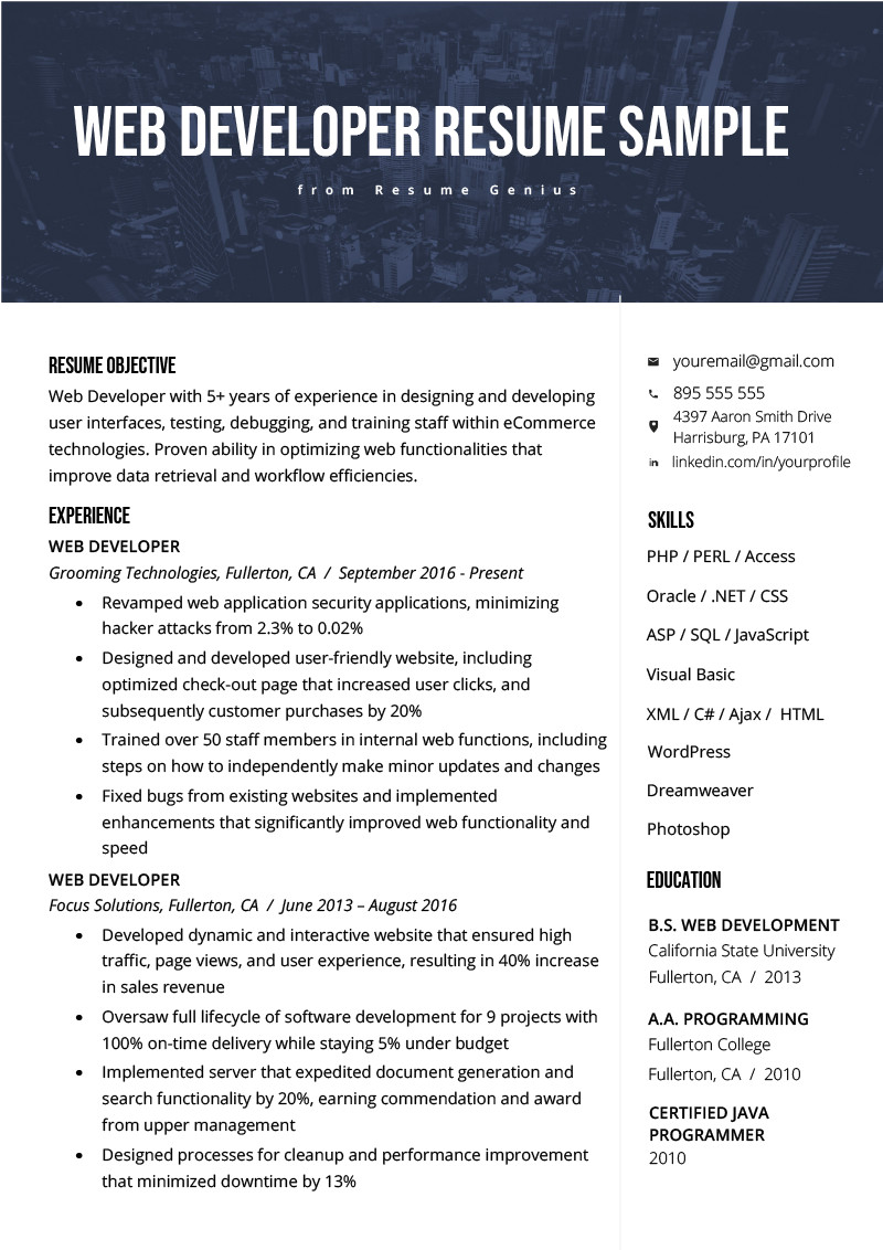 Sample Resume for Experienced Net Developer Web Developer Resume Sample & Writing Tips