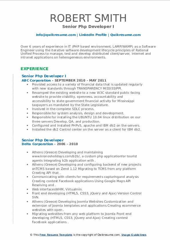 Sample Resume for Experienced PHP Developer Free Download Senior PHP Developer Resume Samples