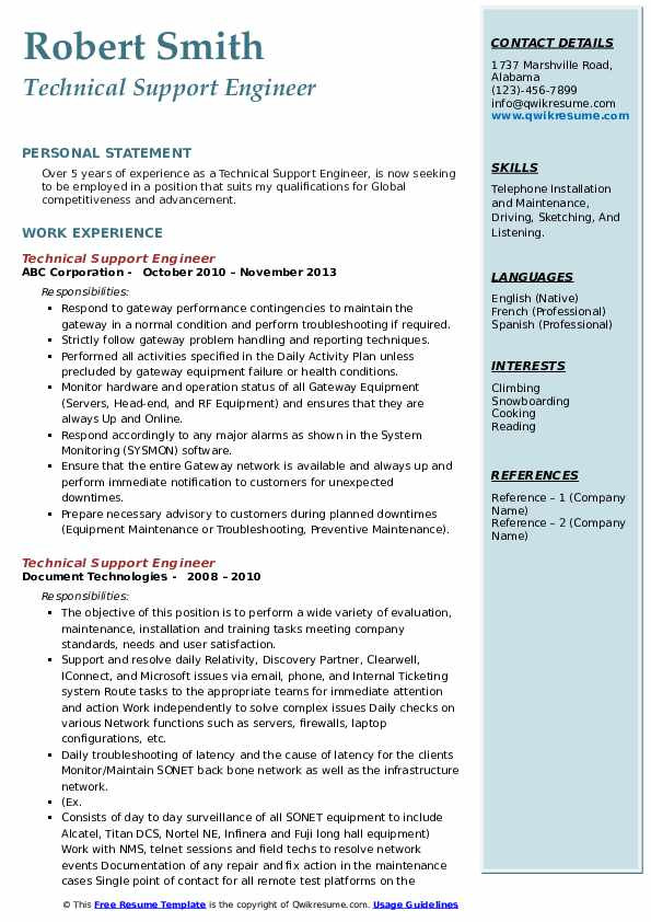 Sample Resume for Experienced Technical Support Engineer Technical Support Engineer Resume Samples