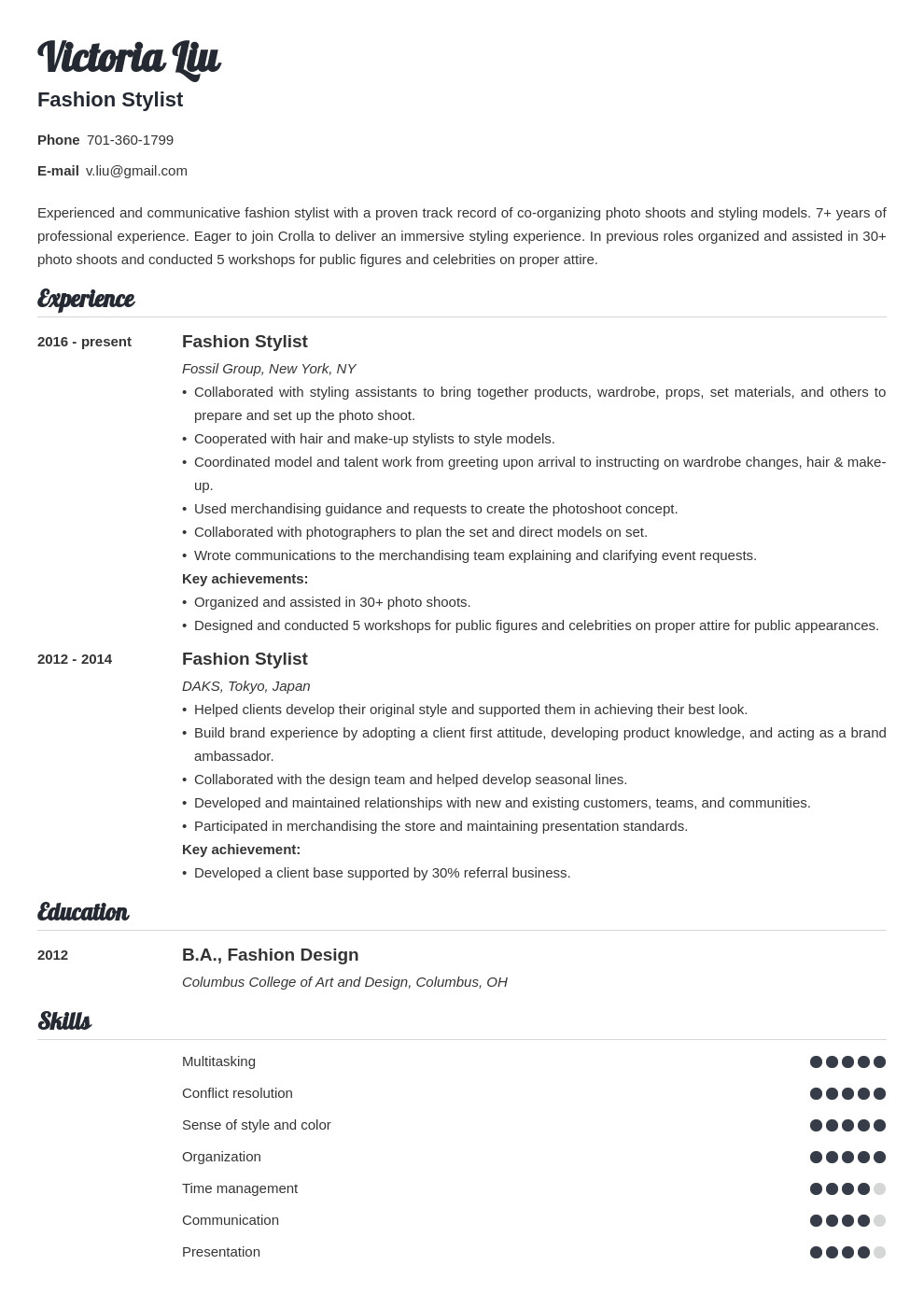 Sample Resume for Fashion Stylist Internship Fashion Stylist Resume Examples & Writing Guide [20 Tips]
