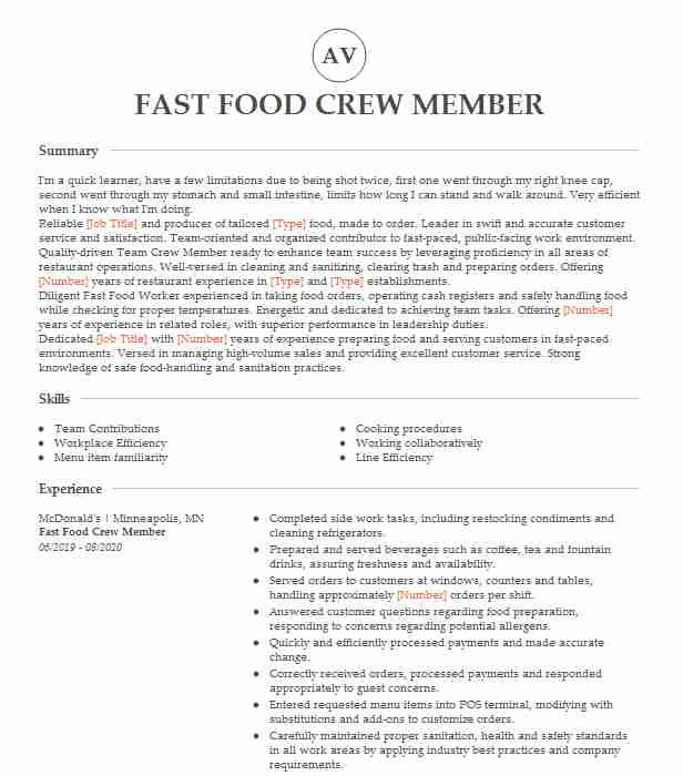 Sample Resume for Fast Food Crew Fast Food Crew Member Resume Example Mcdonald S West