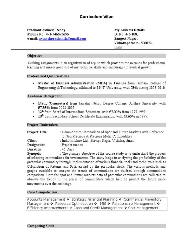 Sample Resume for Finance and Accounting Freshers Fresher Finance Resume format 4 Economics