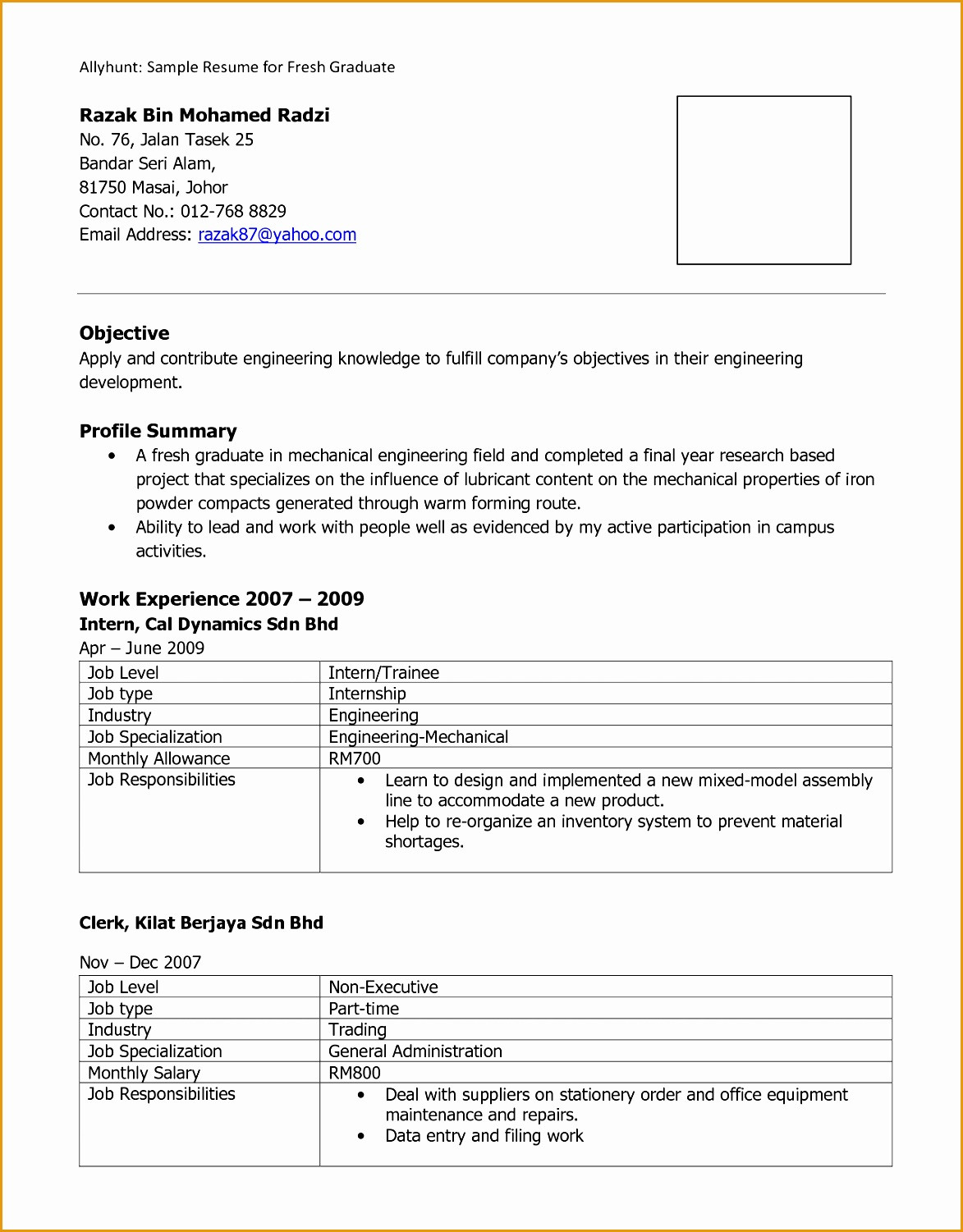 Sample Resume for Financial Management Fresh Graduate 9 Example Resume for Fresh Graduate