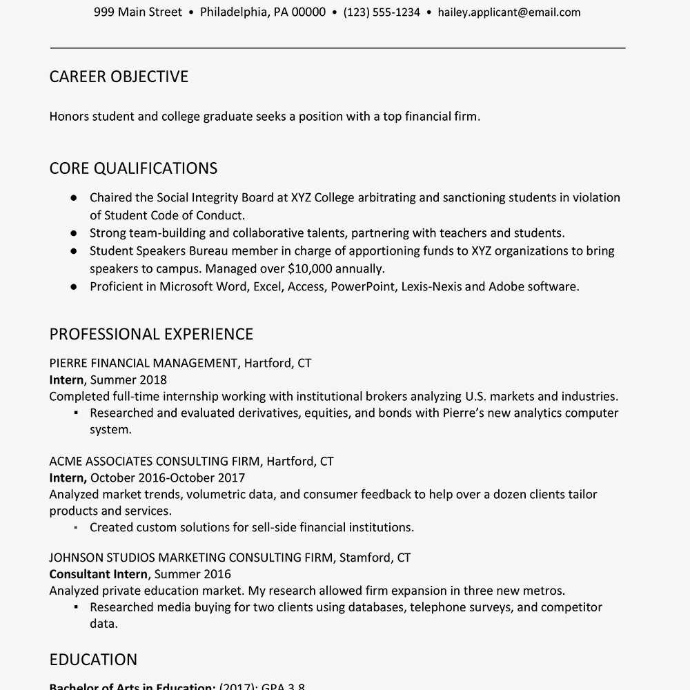 Sample Resume for Financial Management Fresh Graduate College Graduate Finance Resume Example