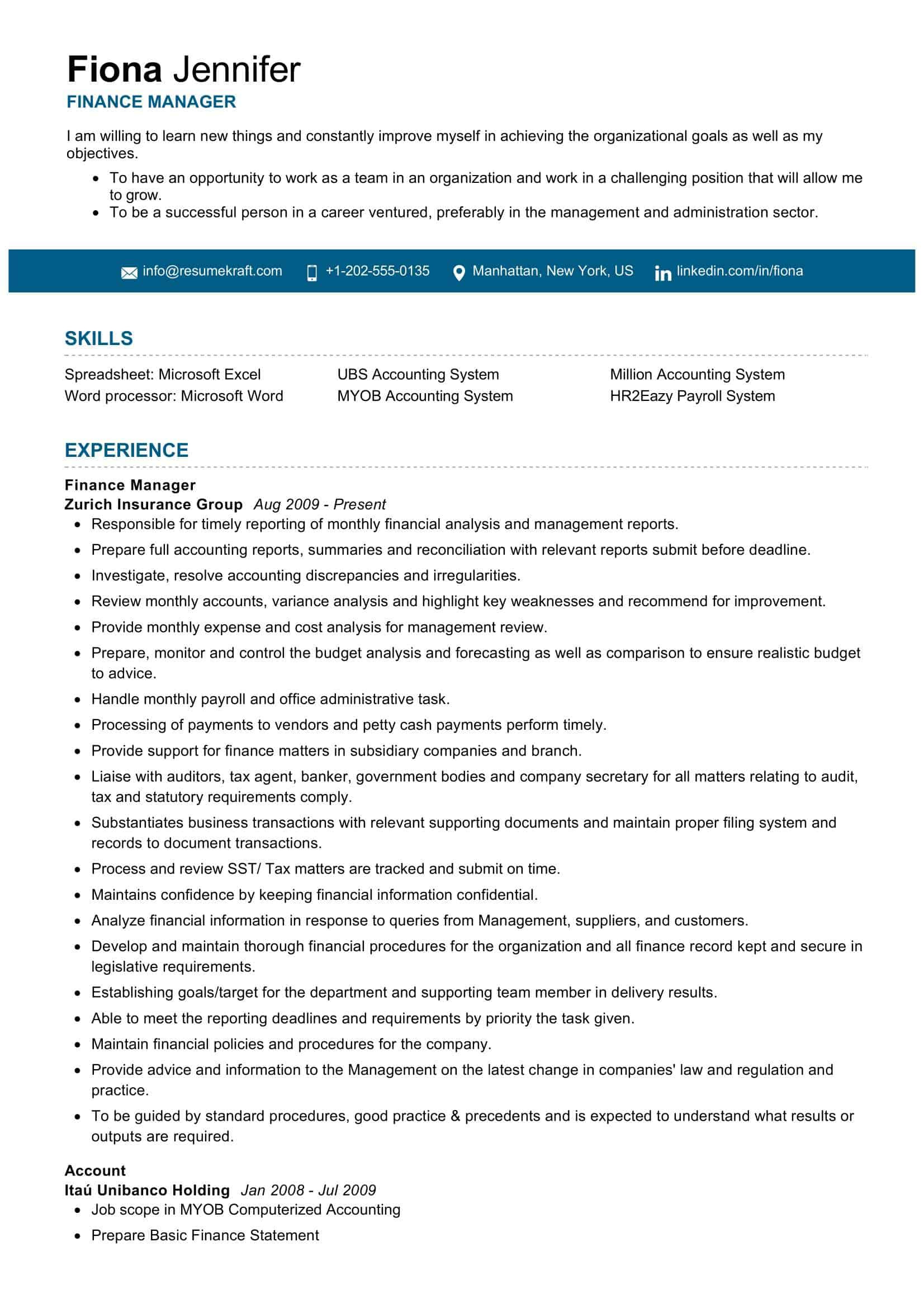 Sample Resume for Financial Management Position Finance Manager Resume Sample 2021