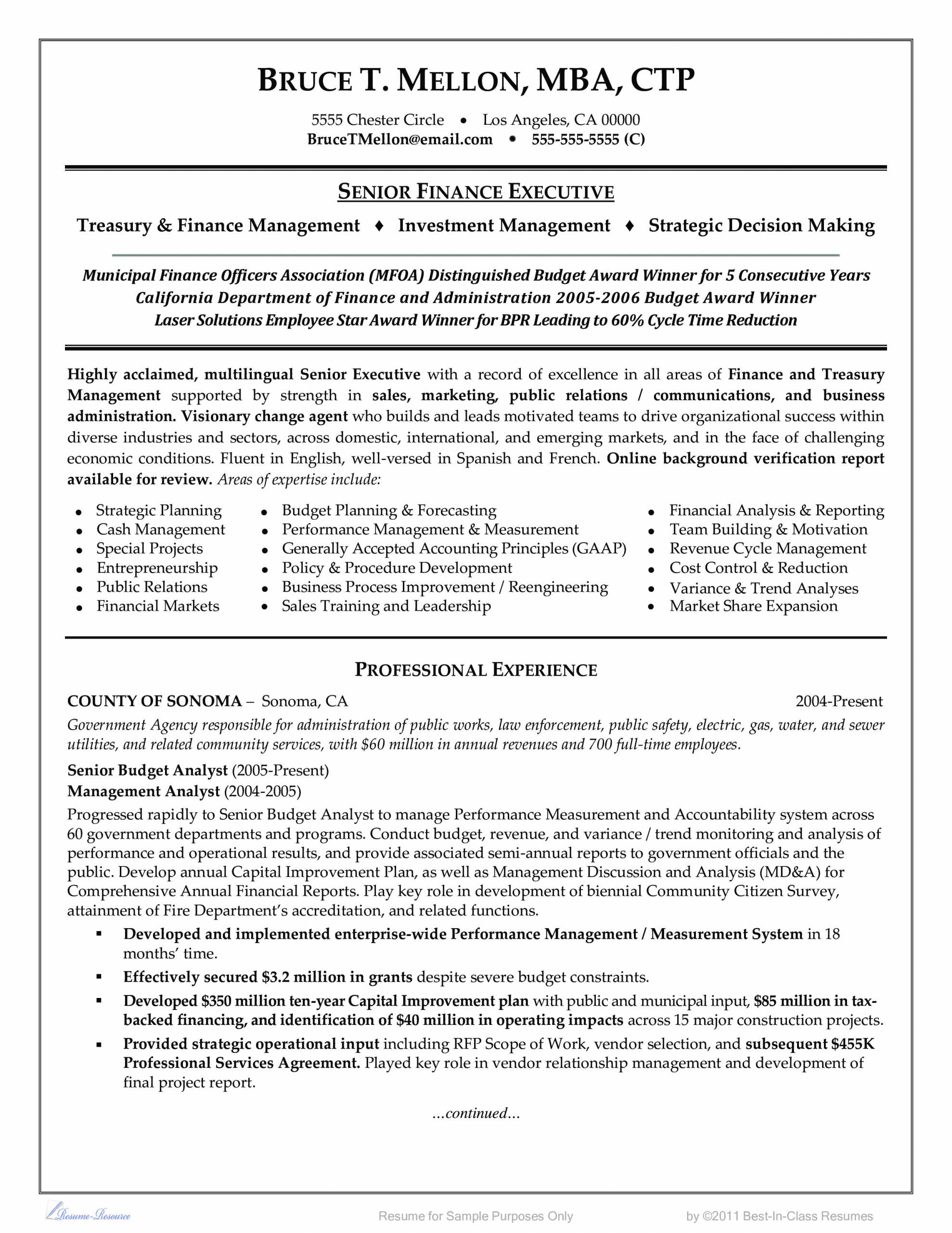 Sample Resume for Financial Management Position Senior Financial Management Resume