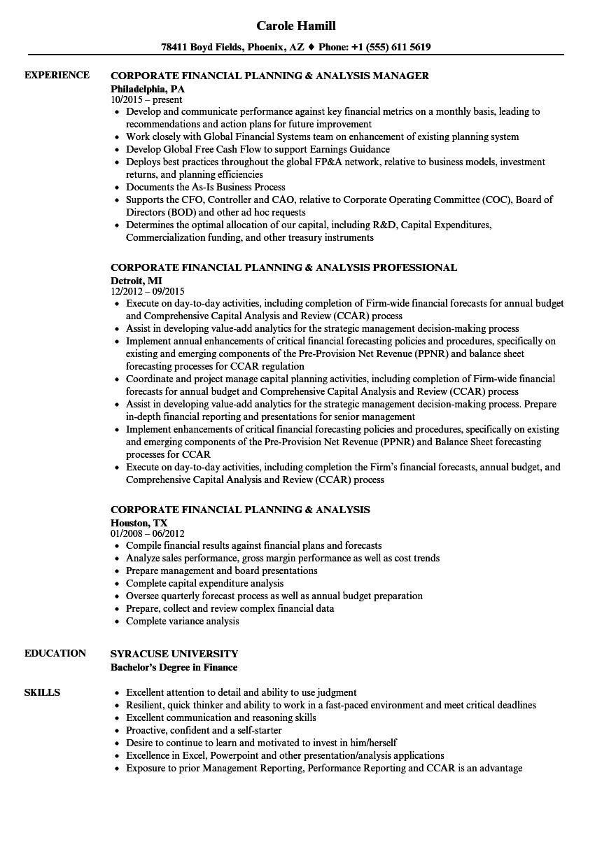 Sample Resume for Financial Planning and Analysis Corporate Financial Planning & Analysis Resume Samples