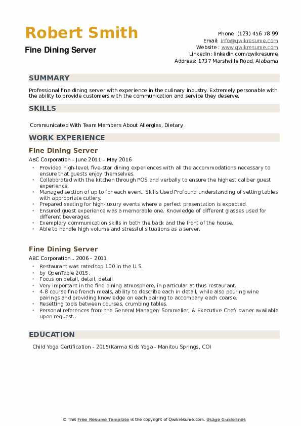 Sample Resume for Fine Dining Server Fine Dining Server Resume Samples