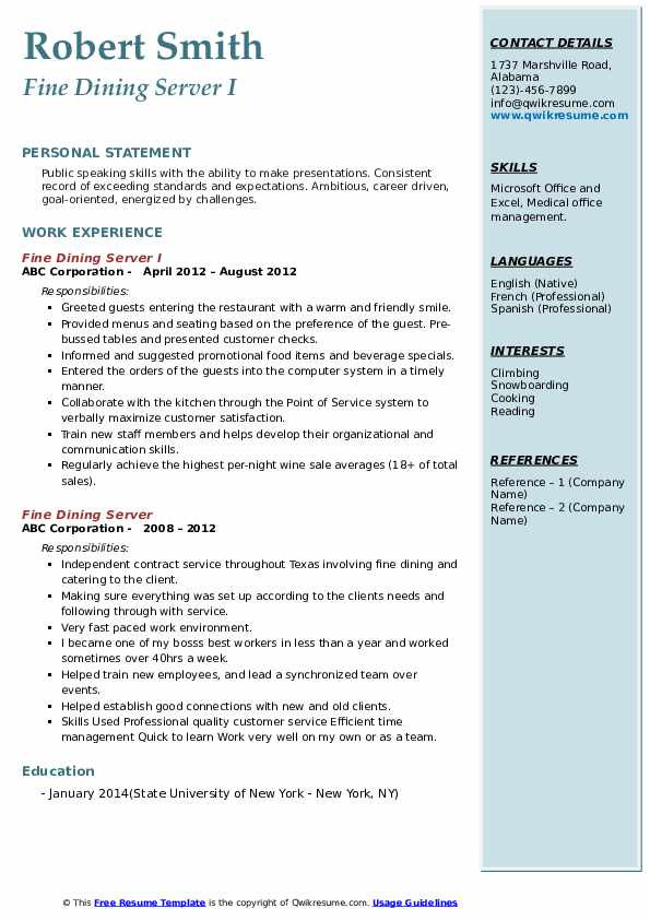 Sample Resume for Fine Dining Server Fine Dining Server Resume Samples Sample Resume for Fine Dining Server Fine Dining Server Resume Samples