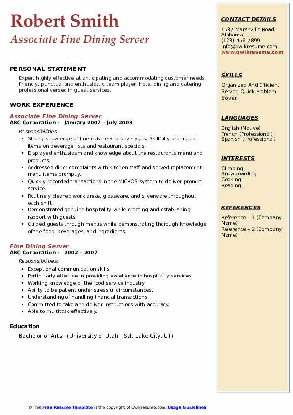 Sample Resume for Fine Dining Server Fine Dining Server Resume Samples