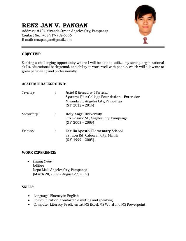 Sample Resume for First Time Job Applicant format Of Resume for Job Sample Resume for First Time Job