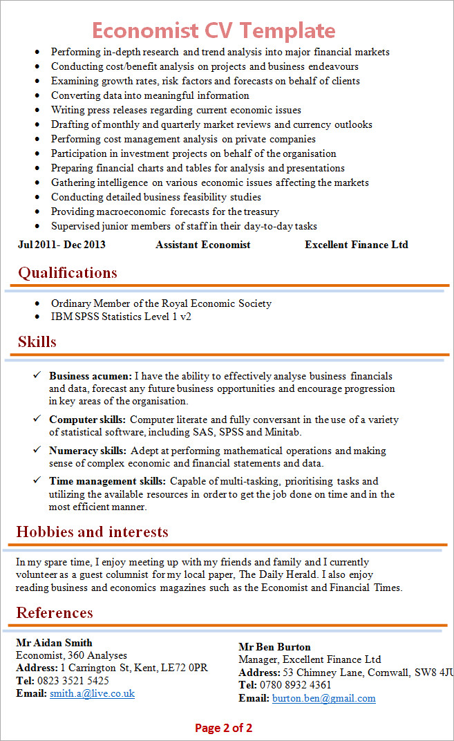 Sample Resume for Fresh Economics Graduate Economist Cv Template 2