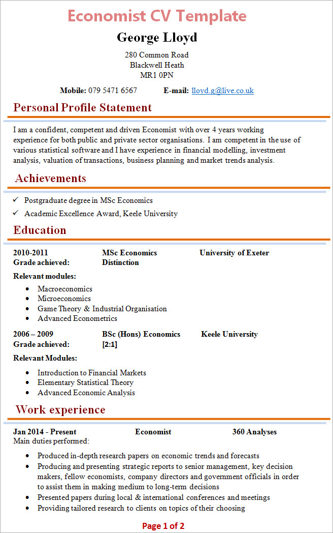 Sample Resume for Fresh Economics Graduate Economist Cv Template