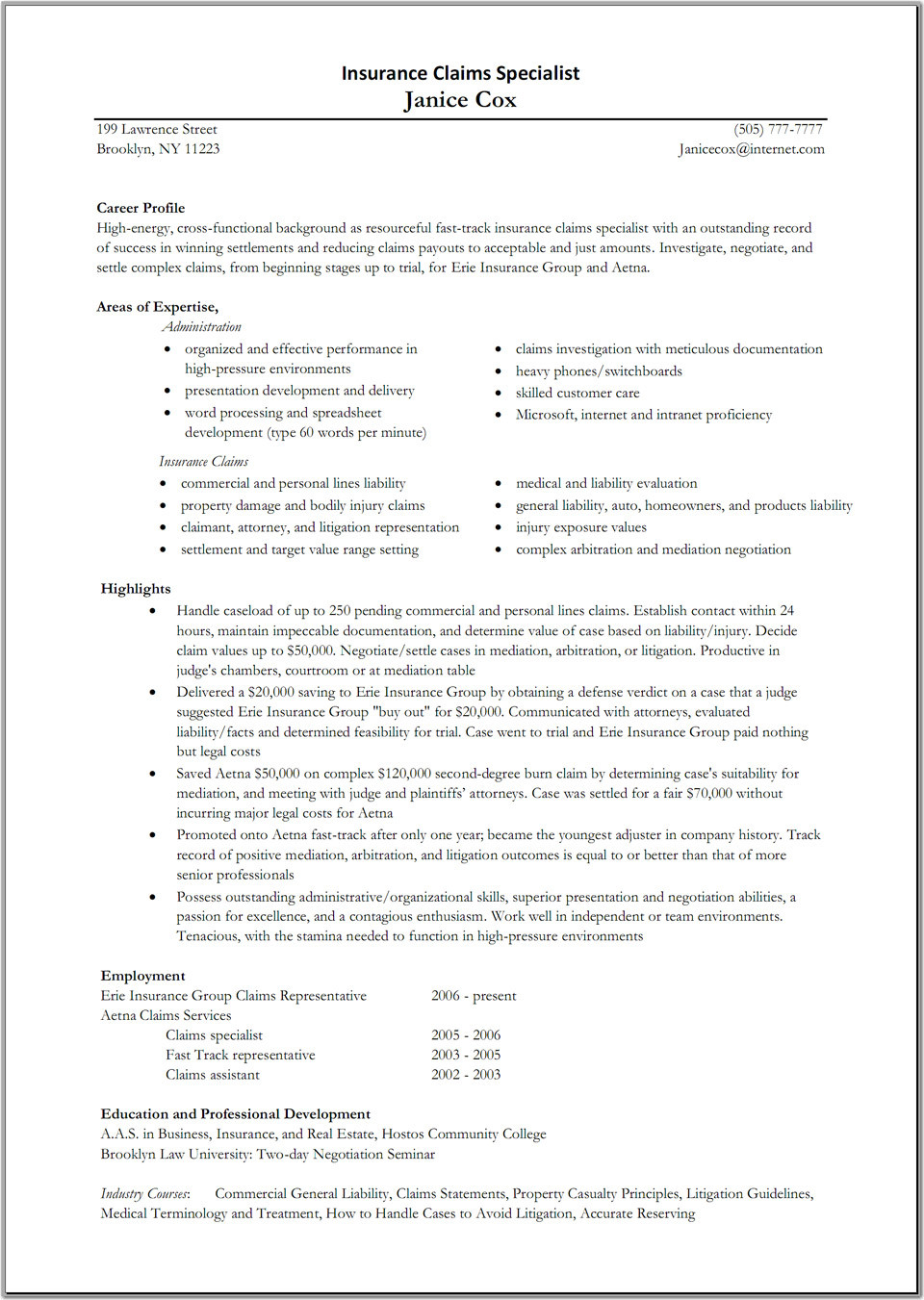 Sample Resume for Health Insurance Specialist Group Insurance Specialist Cv September 2021