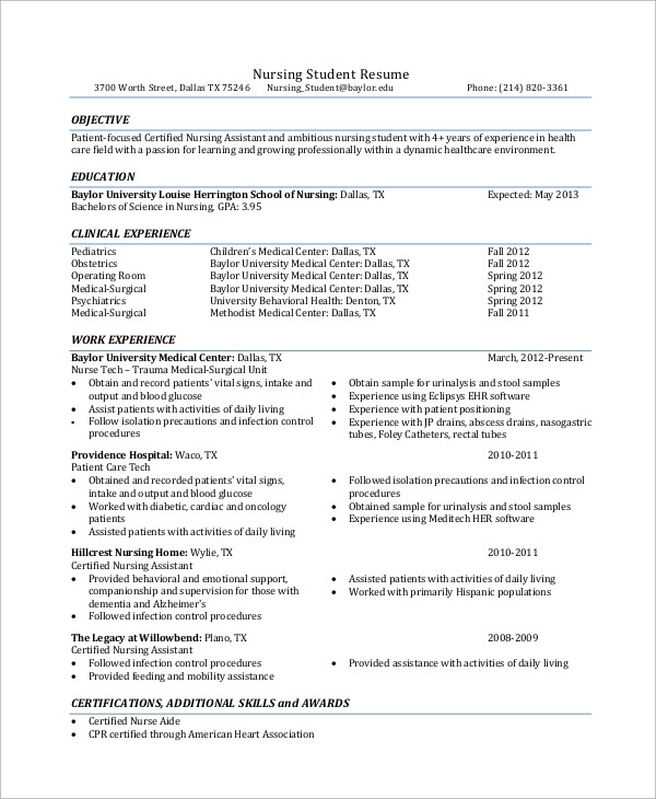 Sample Resume for Nursing Students Applicants Free 10 Sample Nursing Resume Templates In Ms Word