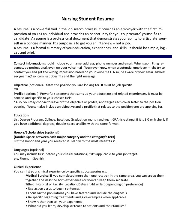 Sample Resume for Nursing Students Applicants Free 8 Sample Nursing Student Resume Templates In Ms Word