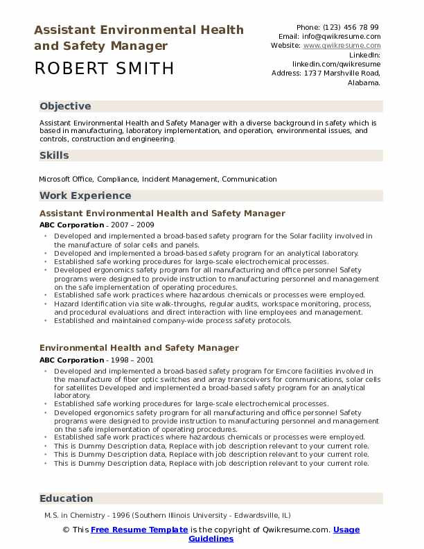 Sample Resume for Occupational Health and Safety Environmental Health and Safety Manager Resume Samples