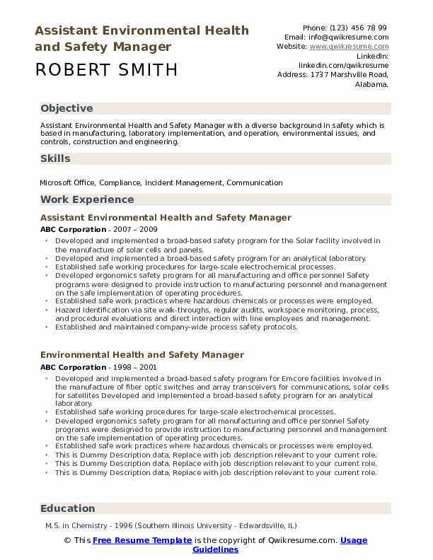 Sample Resume for Occupational Health and Safety Environmental Health and Safety Manager Resume Samples