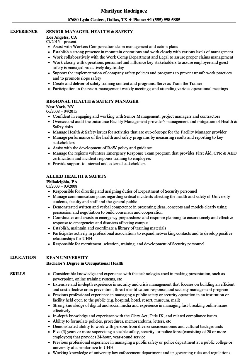 Sample Resume for Occupational Health and Safety Health & Safety Resume Samples