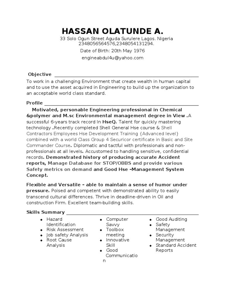Sample Resume for Occupational Health and Safety Olatunde Resume Safety