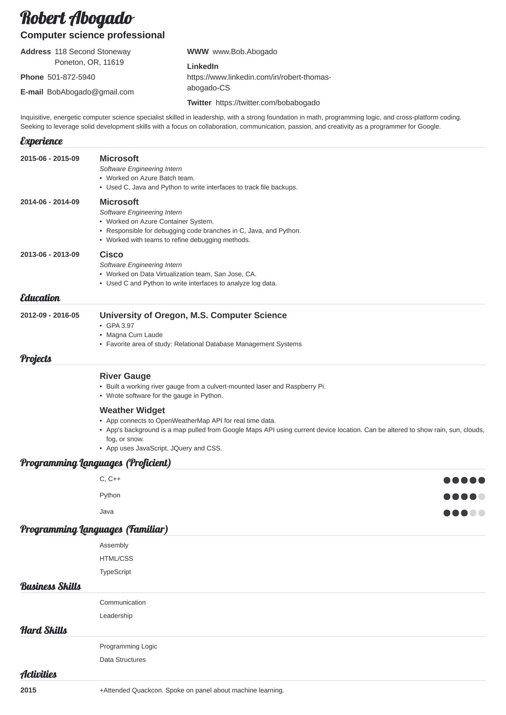 Sample Resume for Ojt Computer Science Students Puter Science Resume Example