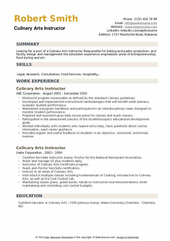 Sample Resume for Ojt Culinary Students Culinary Arts Instructor Resume Samples