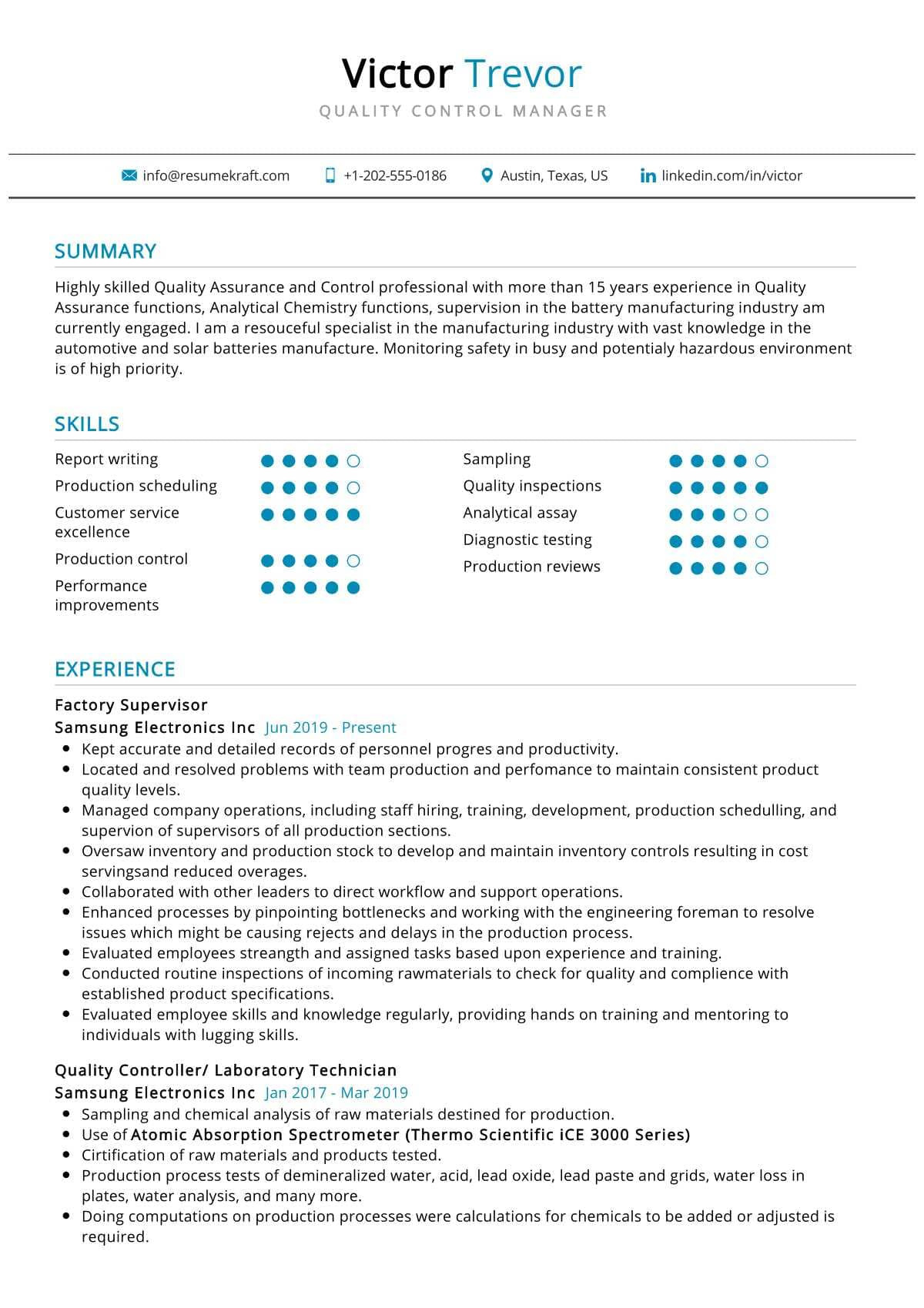 Sample Resume for Quality Control Supervisor Quality Control Manager Resume Example 2021 Writing Tips …