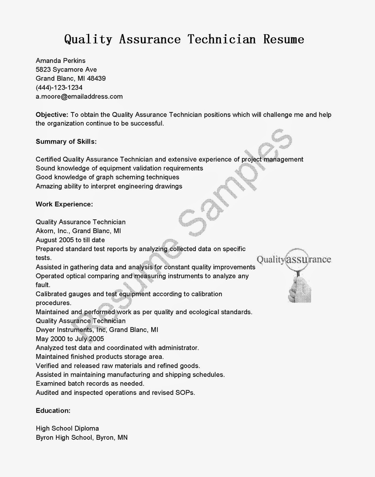 Sample Resume for Quality Control Technician Quality assurance Technician Cover Letter October 2021