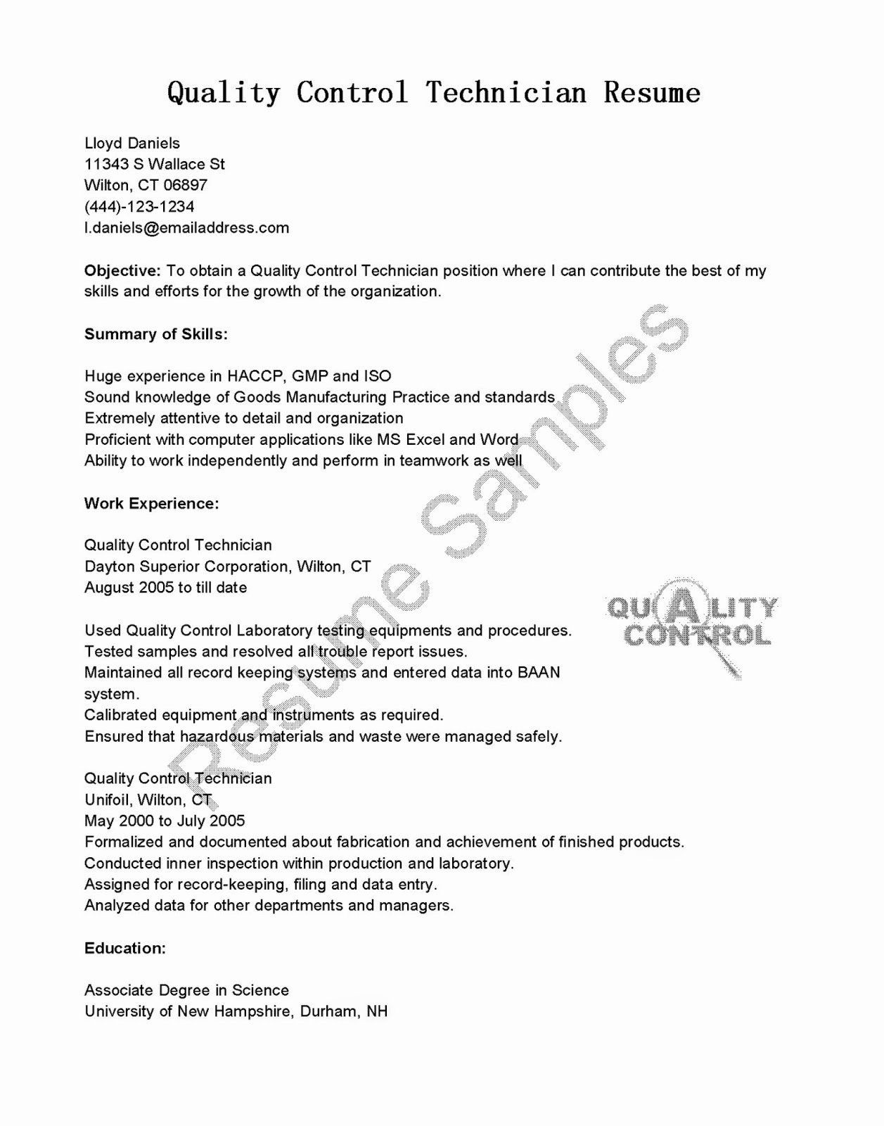 Sample Resume for Quality Control Technician Quality Control Job Description Resume Awesome Resume Samples …