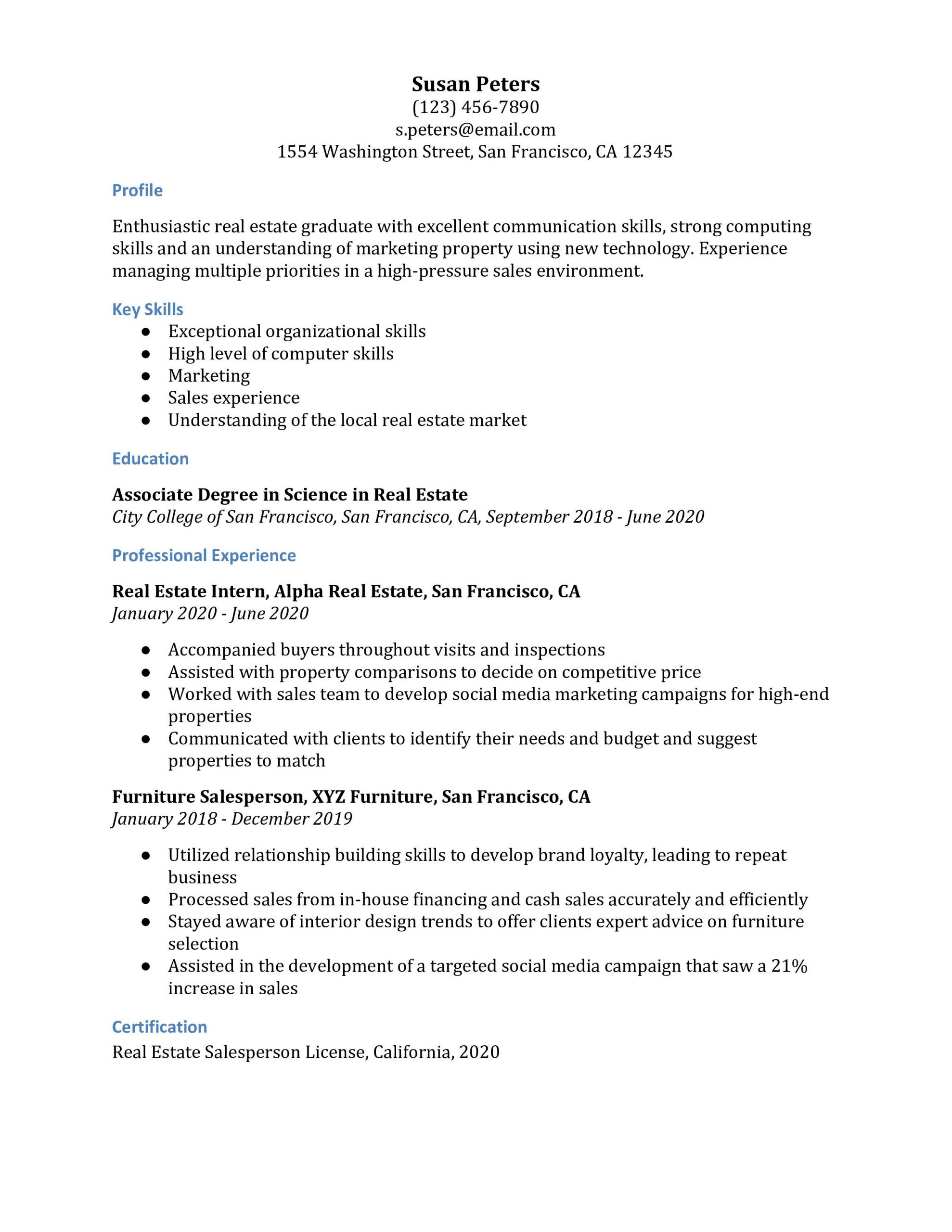 Sample Resume for Real Estate Agent with No Experience Real Estate Agent Resume Examples – Resumebuilder.com