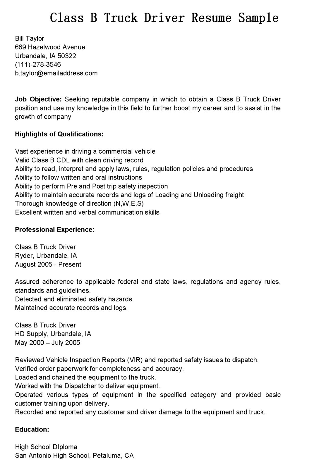 Sample Resume for Truck Driver with No Experience Driver Resumes: Class B Truck Driver Resume Sample