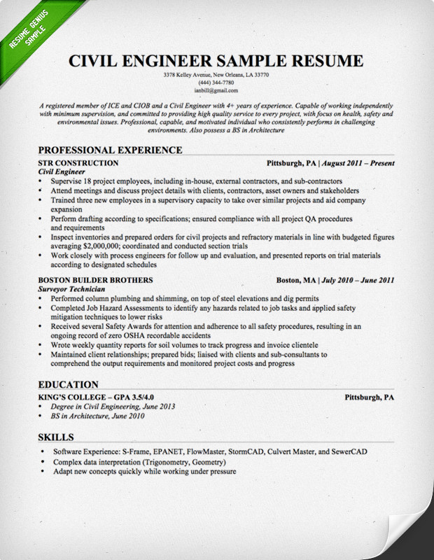 Sample Resume format for Civil Engineers Civil Engineering Resume Sample