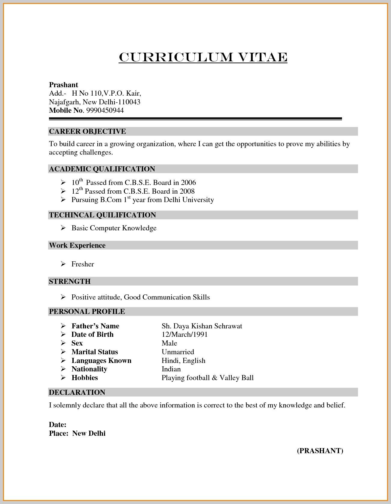 Sample Resume format for Freshers Bcom Resume format for Freshers B Dinosaurdiscs