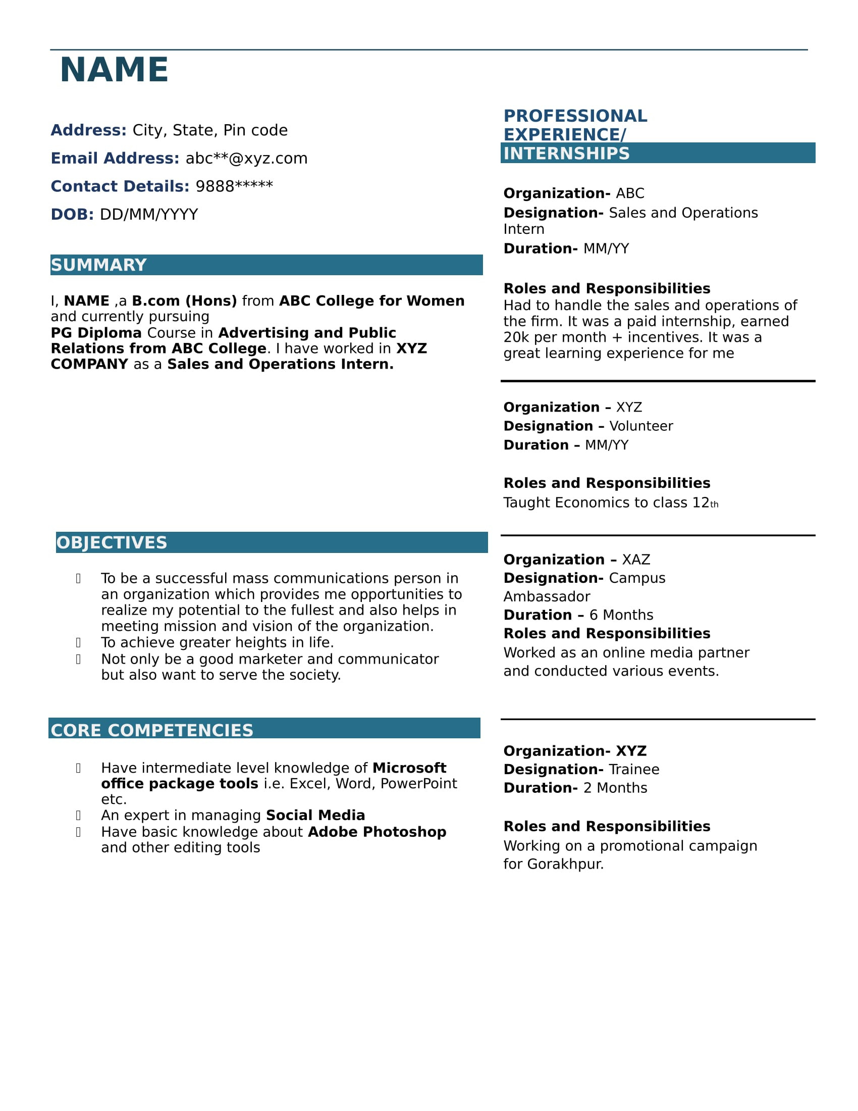 Sample Resume format for Freshers Bcom Resume Templates for B Freshers Download Free