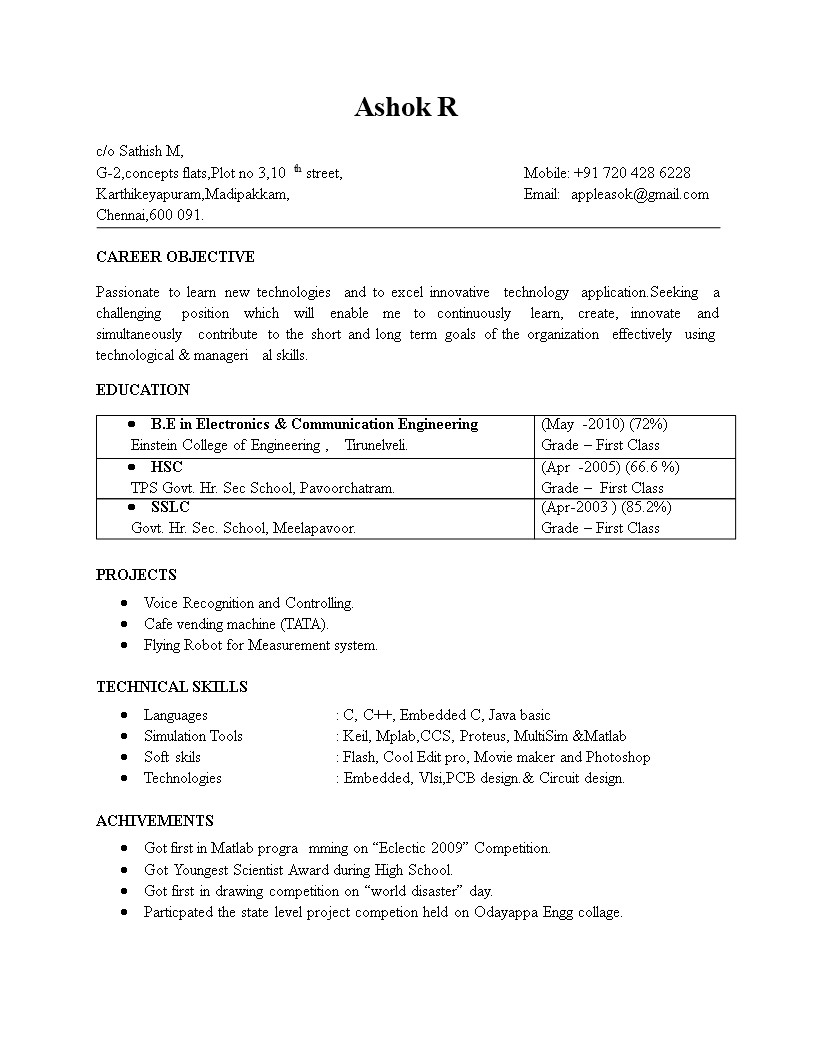Sample Resume format for Freshers Engineers Electronics Engineering Fresher Resume format
