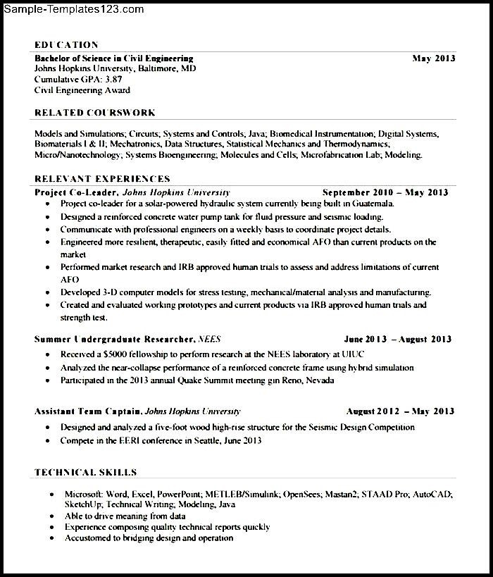 Sample Resume format for Freshers Engineers Fresher Civil Engineer Resume Sample Templates