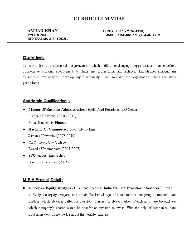 Sample Resume format for Mba Finance Freshers Mba Finance Fresher Resume