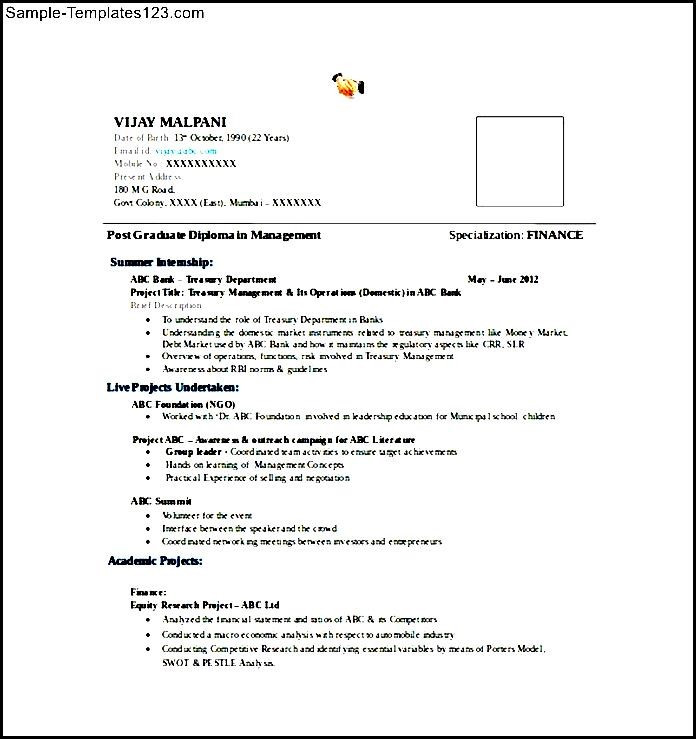Sample Resume format for Mba Finance Freshers Mba Finance Fresher Resume Word format Free Download