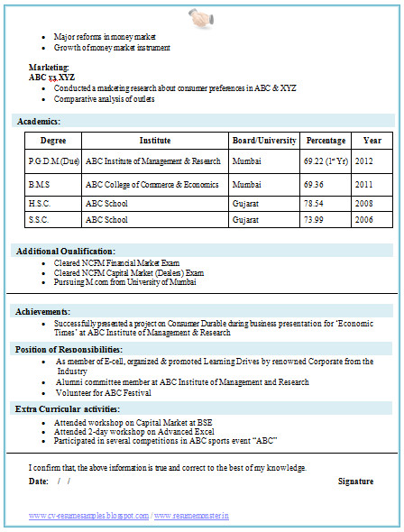 Sample Resume format for Mba Finance Freshers Over Cv and Resume Samples with Free Download Mba