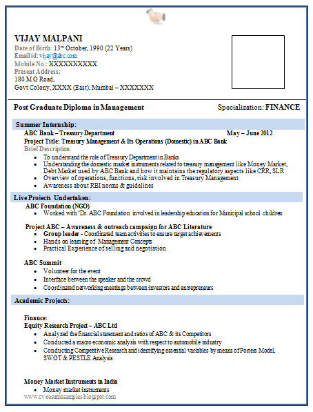Sample Resume format for Mba Finance Freshers Over Cv and Resume Samples with Free Download