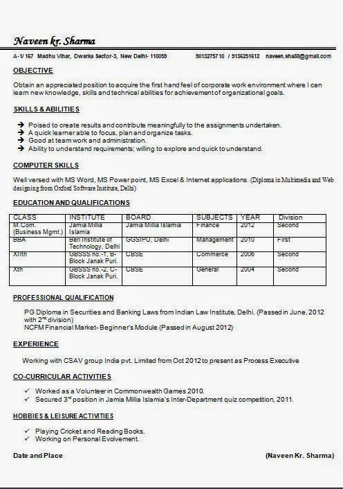 Sample Resume format for Mcom Freshers M Resume Samples for Freshers