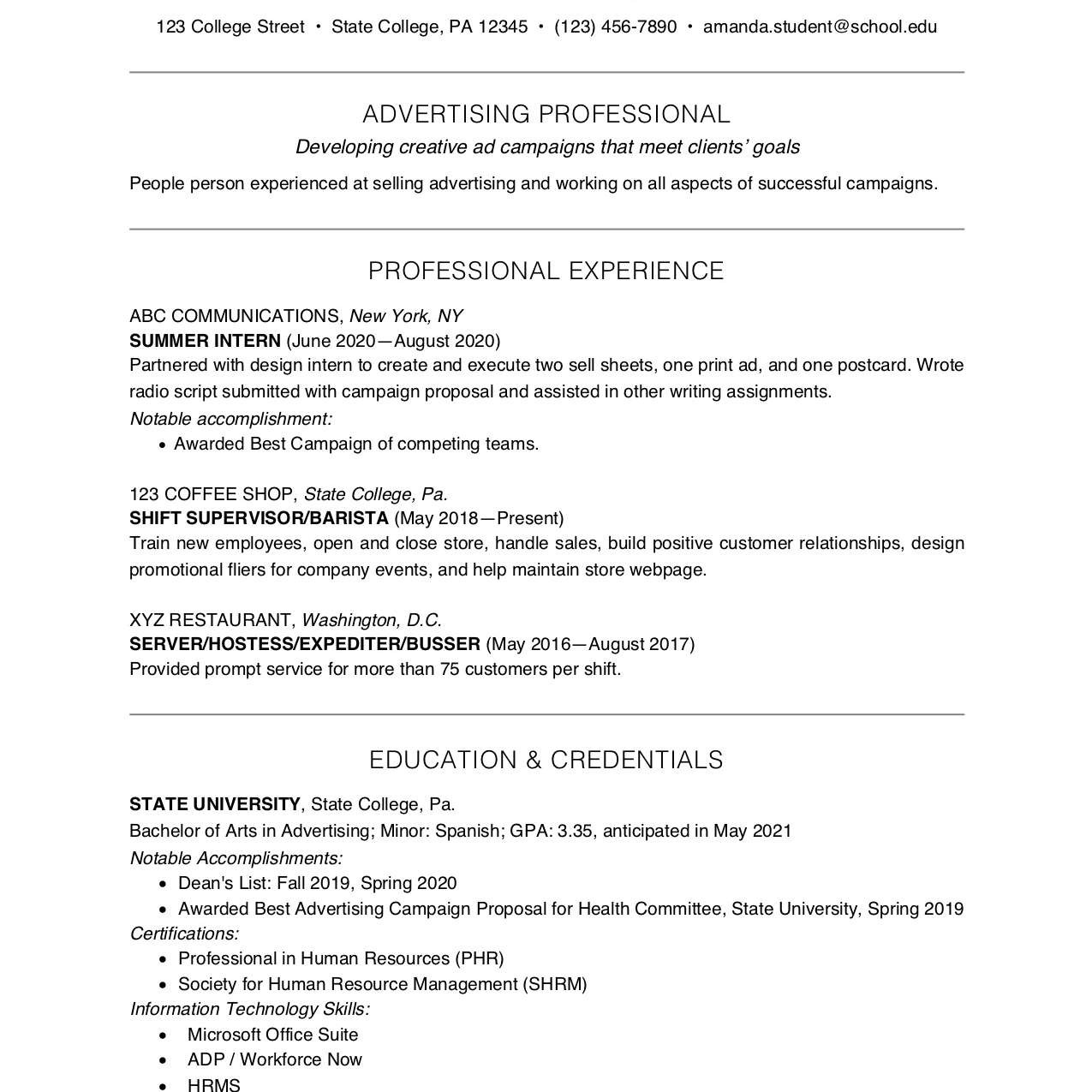 Sample Resume Templates for College Students College Student Resume Example and Writing Tips