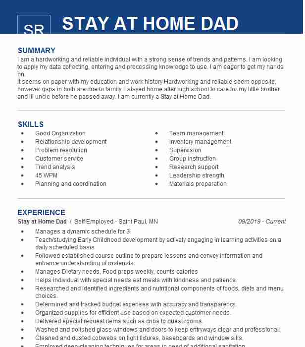 Stay at Home Dad Resume Sample Stay at Home Dad Resume Example Pany Name Zanesville