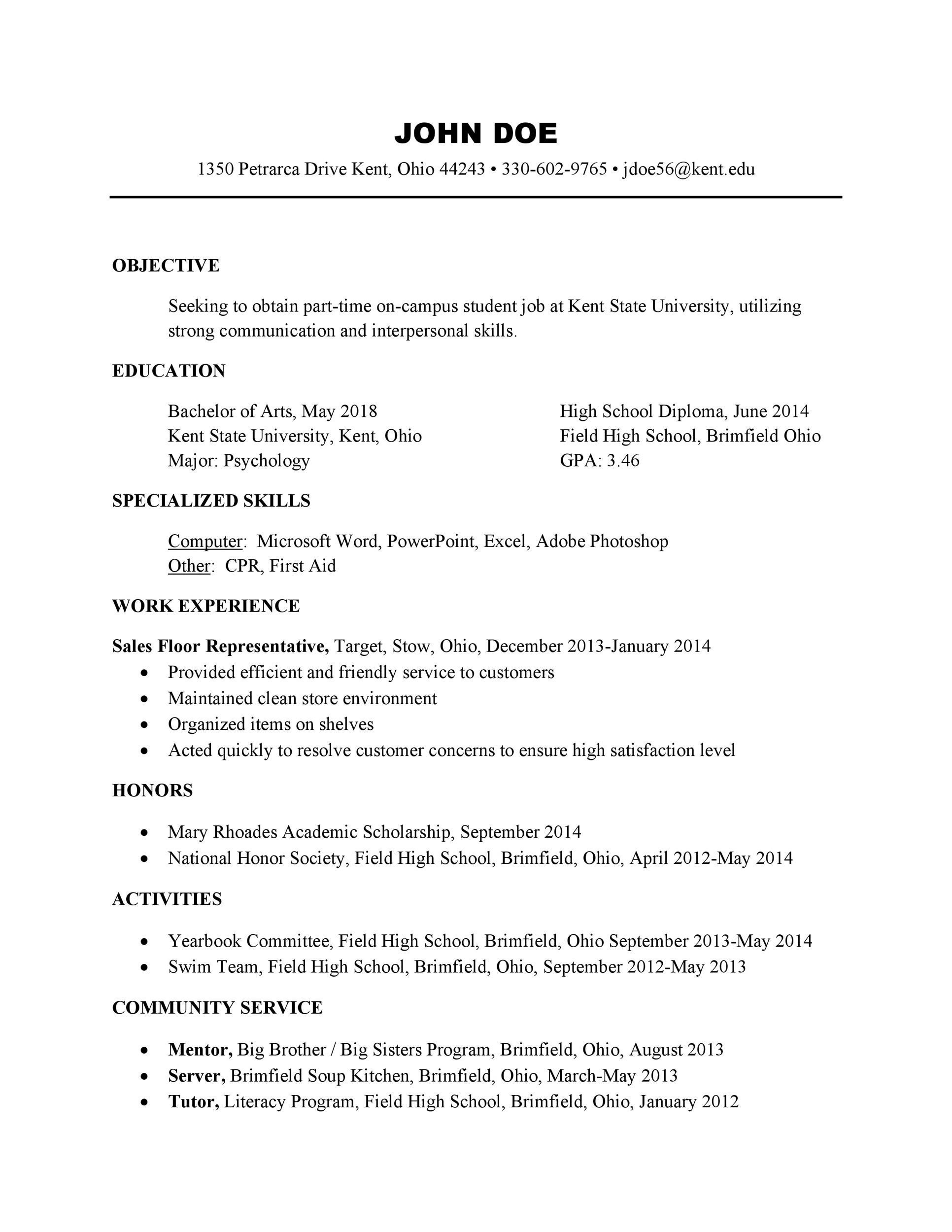 Student Resume for College Application Template 50 College Student Resume Templates (& format) á Templatelab
