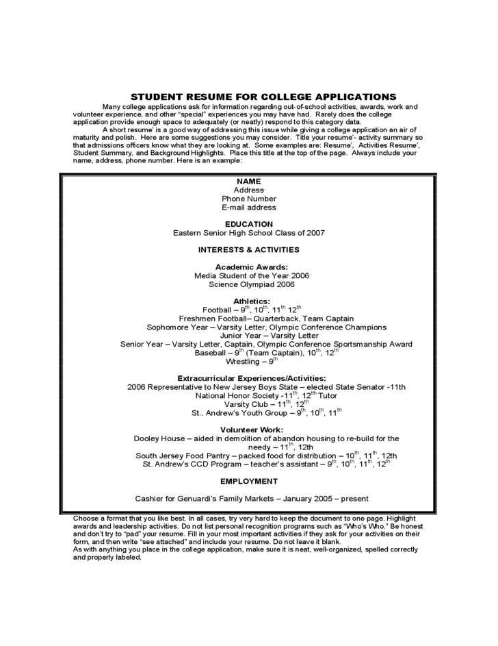Student Resume for College Applications Sample Student Sample Resume for College Application Free Download